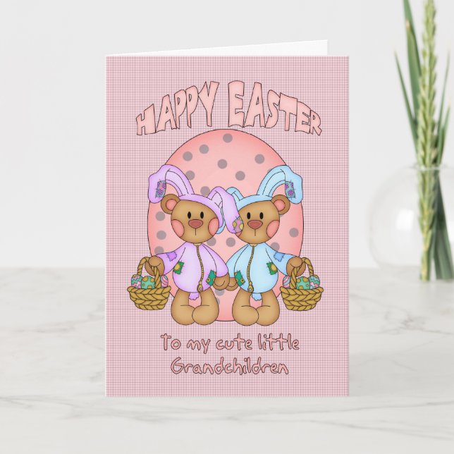 Happy Easter - Grandchildren - Cute Teddy Bear In Holiday Card (Front)