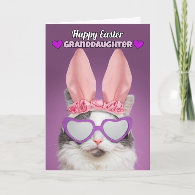 Happy Easter Granddaughter Cat in Bunny Ears Humor Holiday Card (Front)