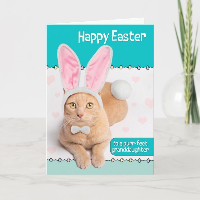 Happy Easter Granddaughter Cute Ginger Cat Bunny Holiday Card (Front)