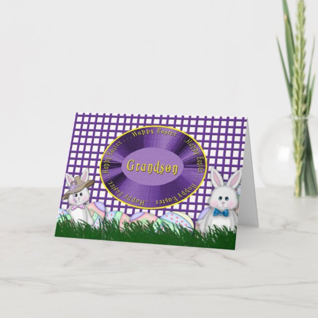 Happy Easter Grandson - Bunnies and Eggs Holiday Card (Front)