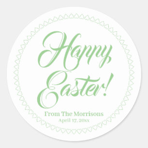Happy Easter green hearts border custom script Classic Round Sticker