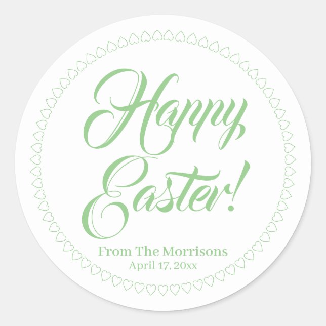 Happy Easter green hearts border custom script Classic Round Sticker (Front)