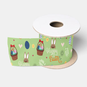 Happy Easter green pattern Satin Ribbon