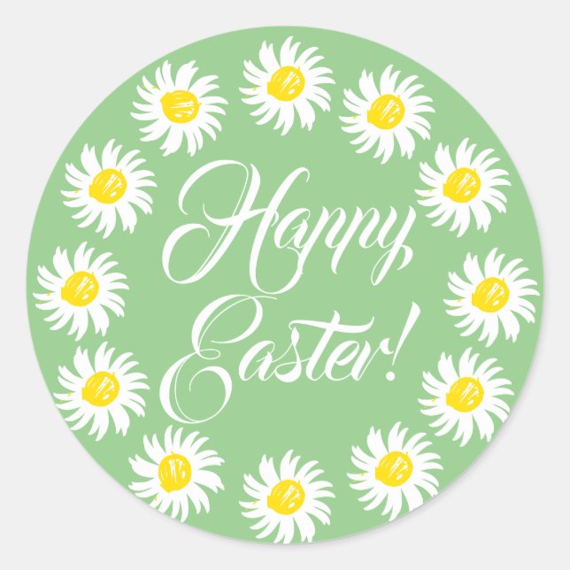 Happy Easter green script cute daisy cheerful  Classic Round Sticker (Front)