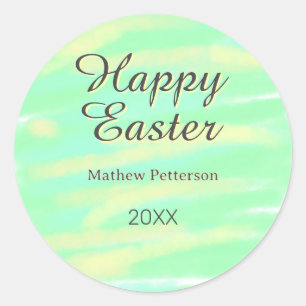 Happy Easter green yellow pastel gray name year  Classic Round Sticker