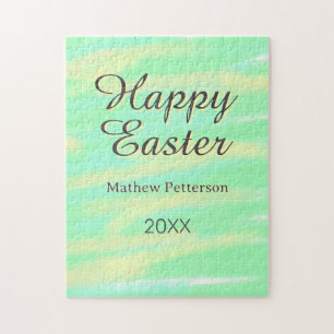 Happy Easter green yellow pastel gray name year  Jigsaw Puzzle