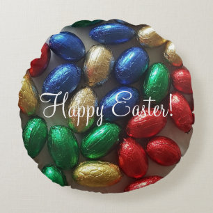 Happy Easter Greeting Colourful Chocolate Eggs Round Cushion
