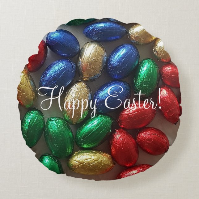 Happy Easter Greeting Colourful Chocolate Eggs Round Cushion (Front)
