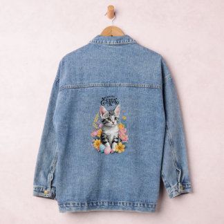 Happy Easter Grey Tabby with flowers Denim Jacket