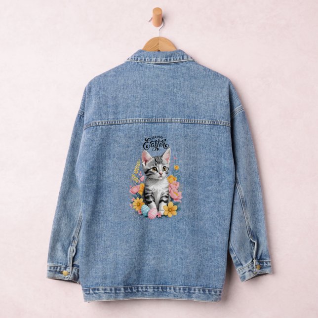 Happy Easter Grey Tabby with flowers Denim Jacket (Hangar)
