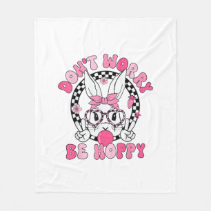 Happy Easter Groovy Bunny Face Don't Worry Be Hopp Fleece Blanket