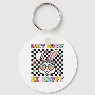 Happy Easter Groovy Bunny Face Don't Worry Be Hopp Key Ring