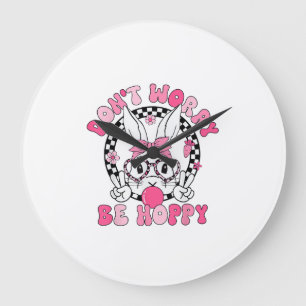 Happy Easter Groovy Bunny Face Don't Worry Be Hopp Large Clock