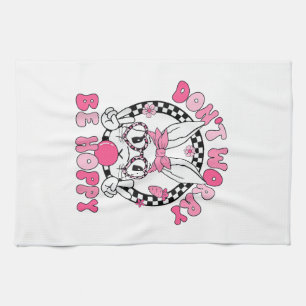 Happy Easter Groovy Bunny Face Don't Worry Be Hopp Tea Towel