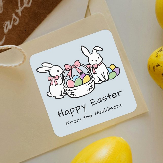 Happy Easter Hand Drawn Doodle Whimsical Bunnies Square Sticker (Creator Uploaded)