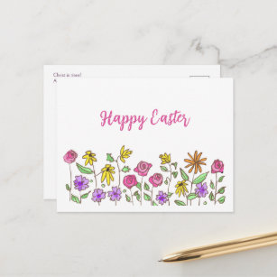 Happy Easter Hand-Drawn Wildflowers Cute Easter  Postcard