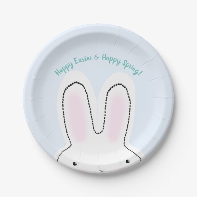 Happy Easter Happy Spring blue cute Easter Bunny  Paper Plate (Front)