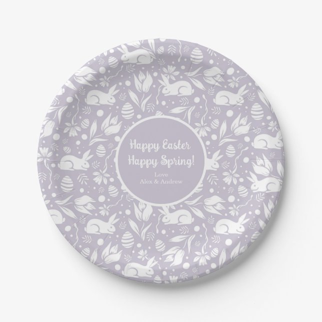 Happy Easter Happy Spring Pastel Purple Floral  Paper Plate (Front)