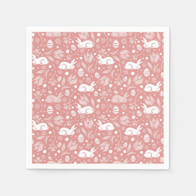 Happy Easter Happy Spring Rose Pink Bunny & Eggs Napkin (Front)