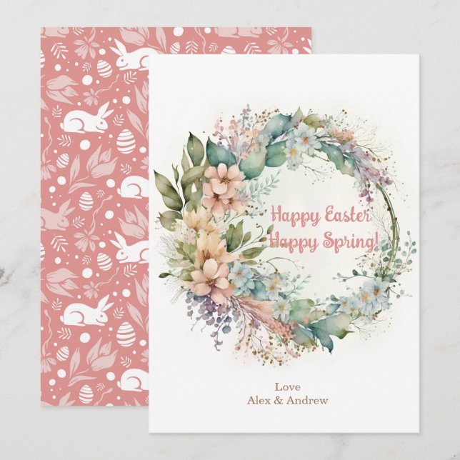 Happy Easter Happy Spring Rose Pink Floral Wreath Holiday Card (Front/Back)