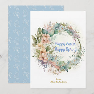 Happy Easter Happy Spring Sky Blue Floral Wreath Holiday Card