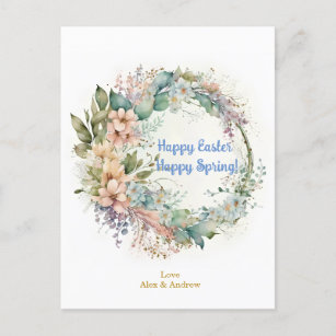 Happy Easter Happy Spring Sky Blue Floral Wreath Holiday Postcard