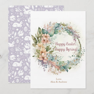 Happy Easter Happy Spring Watercolor Floral Wreath Holiday Card