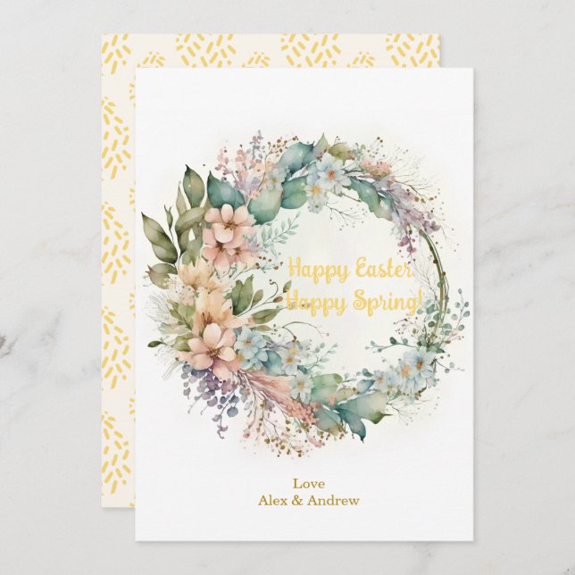 Happy Easter Happy Spring Yellow Floral Wreath Holiday Card (Front/Back)
