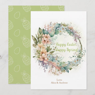 Happy Easter HappySpring Mint Green Floral Wreath  Holiday Card