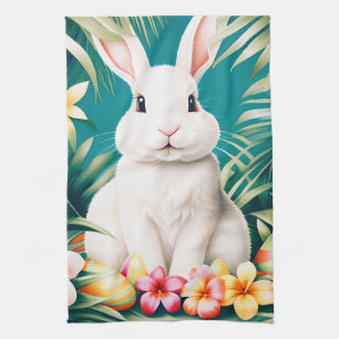 Happy Easter Hawaiian tropical rabbit & eggs Tea Towel