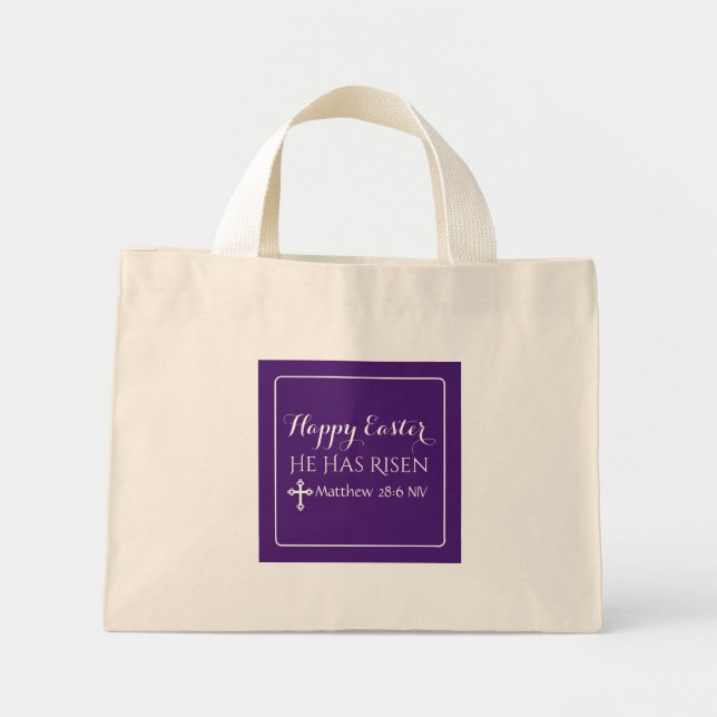Happy Easter He Has Risen Bible Verse Dark Purple Mini Tote Bag (Front)