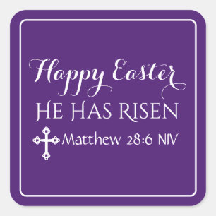 Happy Easter He Has Risen Bible Verse Dark Purple Square Sticker