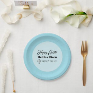 Happy Easter He Has Risen Bible Verse Light Blue Paper Plate