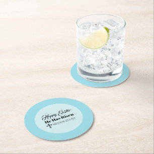 Happy Easter He Has Risen Bible Verse Light Blue Round Paper Coaster