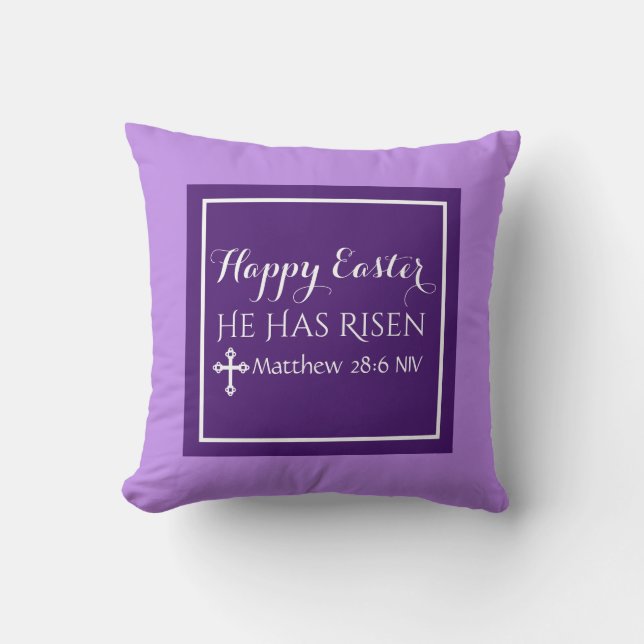 Happy Easter He Has Risen Bible Verse Purple Cushion (Front)