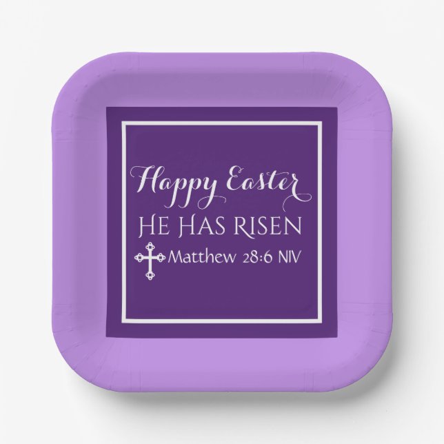 Happy Easter He Has Risen Bible Verse Purple Paper Plate (Front)