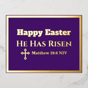 Happy Easter He Has Risen Bible Verse Royal Purple Foil Holiday Postcard