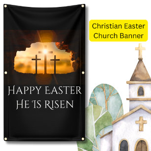 Happy Easter He is Risen Three Crosses  Banner