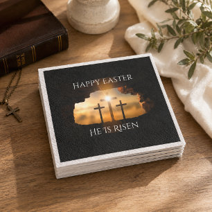 Happy Easter He is Risen Three Crosses Holiday Napkin