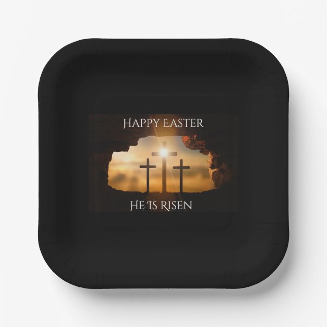 Happy Easter He is Risen Three Crosses Holiday  Paper Plate (Front)
