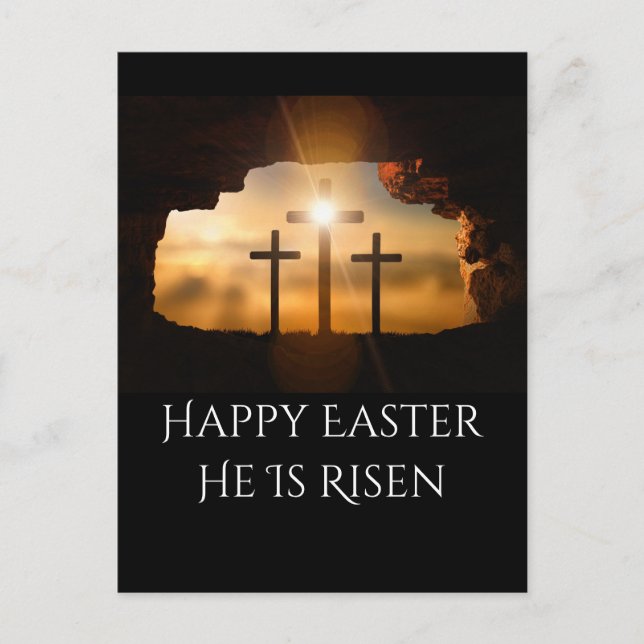 Happy Easter He is Risen Three Crosses  Holiday Postcard (Front)