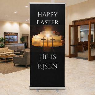 Happy Easter He is Risen Three Crosses Holiday Retractable Banner
