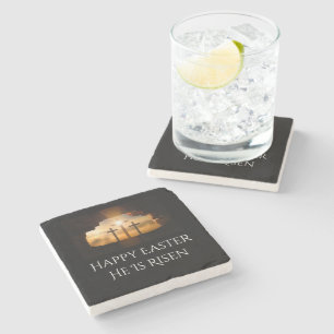 Happy Easter He is Risen Three Crosses Stone Coaster