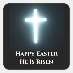 Happy Easter He is Risen White Light Cross  Square Sticker