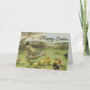 Happy Easter Hen & Chicks Vintage Pastoral  Holiday Card