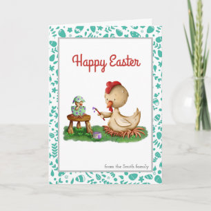 Happy Easter Hen painting eggs personalised Easter Card
