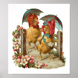 Happy Easter Hens Vintage Poster