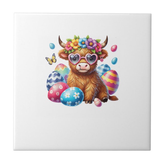 Happy Easter Highland Cow Heifer Easter Day Farmer Tile (Front)
