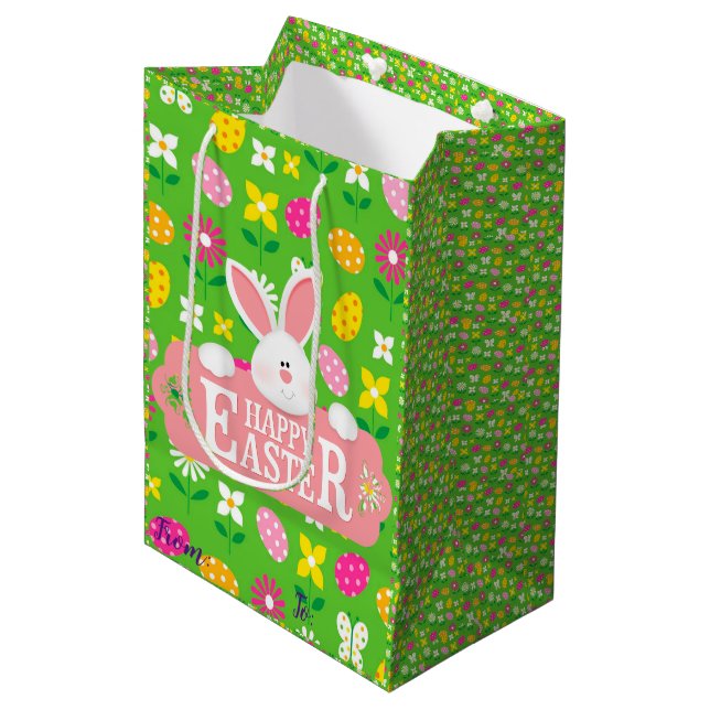 Happy Easter Holiday Bunny Floral Medium Gift Bag (Front Angled)