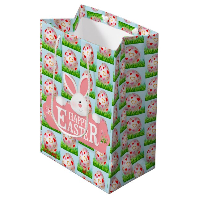 Happy Easter Holiday Bunny Floral Medium Gift Bag (Front Angled)
